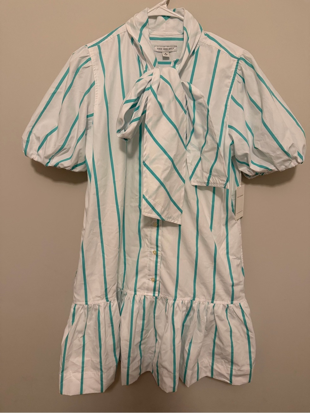 White Dress with Teal Stripes and Tie Neck